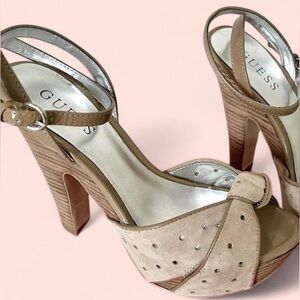 Vtg Pin-Up Style Knotted Bow Peep Toe Ankle Strap Hidden Platform Suede Sandals